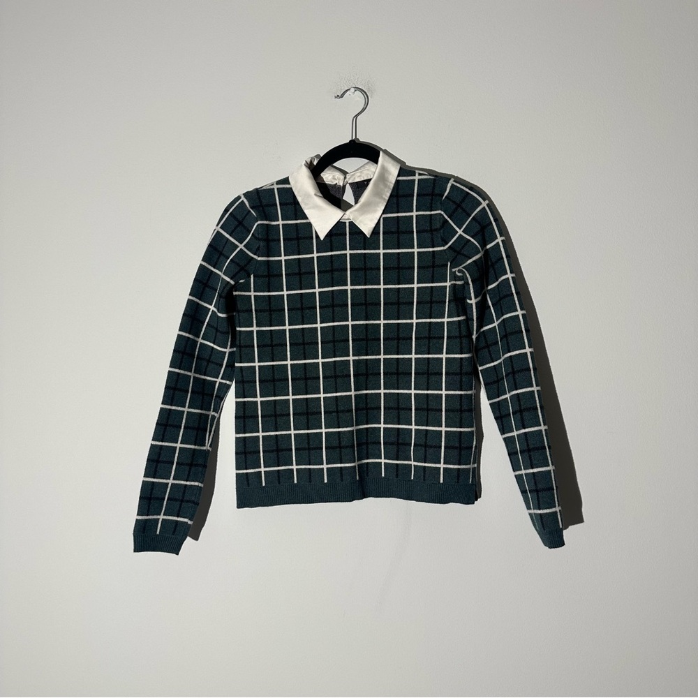 Tahari Plaid Collared Sweater Preppy Office Knit Top Size S